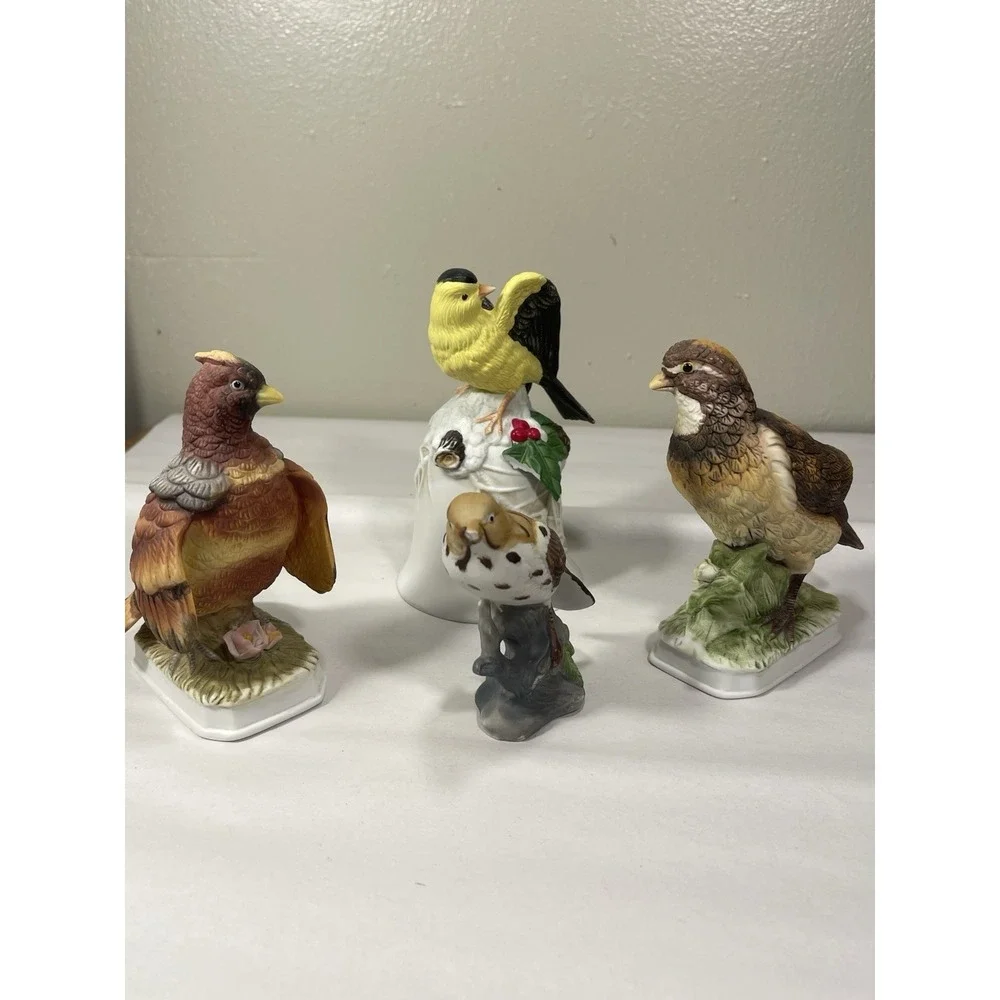 Vintage Lot Of 4 Porcelain Bird Figurines & Bell